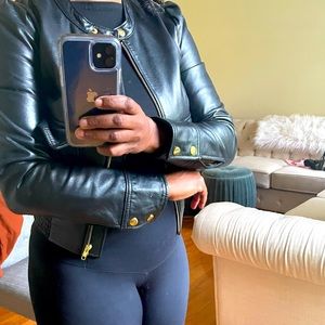 Genuine leather black cropped moto jacket with gold hardware